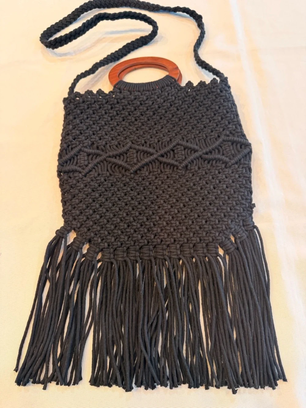 Danielle Nicole Black Macramé Fringe Bag Crossbody with Wooden Handles - Picture 1 of 10